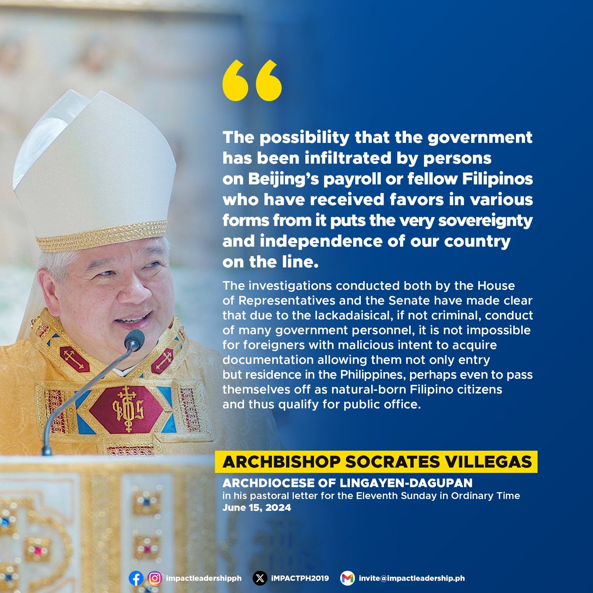 CHINA IS A THREAT' Archbishop Socrates Villegas of the Archdiocese of  Lingayen-Dagupan has raised serious concerns about the growing threat posed  by China. Villegas highlighted the extensive network of agents China  maintains,, image size:1200x1200