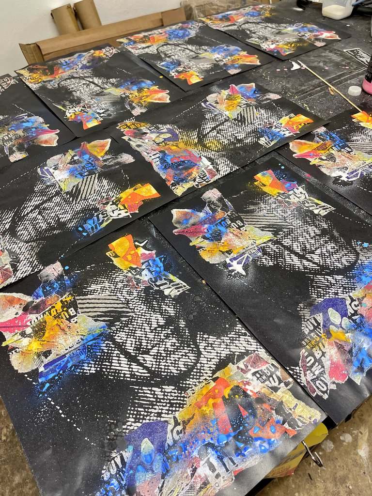 Hand finishing these pasteups for the streets in Bitcoin Pizza Orange and Irish Girl Eye Blue 🔵🟠