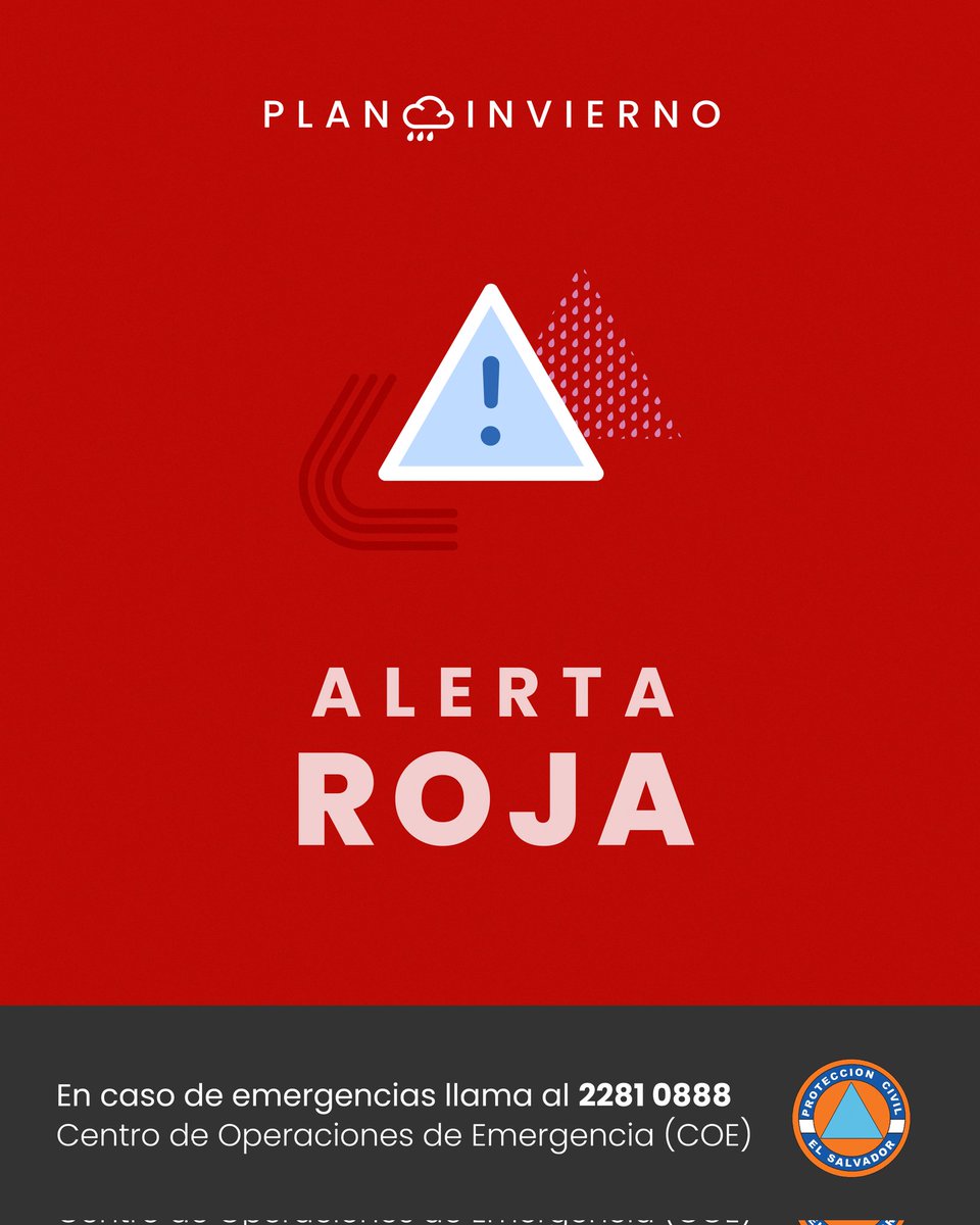 🚨 #ATENCIÓN 🚨 Se emite 🔴 #AlertaRoja a nivel nacional debido a las lluvias de temporal causadas por bajas presiones sobre Centroamérica. 

Ante cualquier emergencia comunícate a los números:
📞 2️⃣2️⃣8️⃣1️⃣-0️⃣8️⃣8️⃣8️⃣
📱 7️⃣0️⃣7️⃣0️⃣-3️⃣3️⃣0️⃣7️⃣

Detalles⤵️
acortar.link/rdcv9O