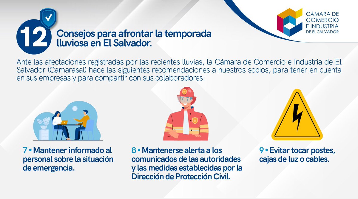 camarasal's tweet photo. #Camarasal te recuerda estos #12consejos de prevención ante las lluvias.

#ClimaSV

👉https://t.co/P6uFZJh63S https://t.co/3c7XCkzesy