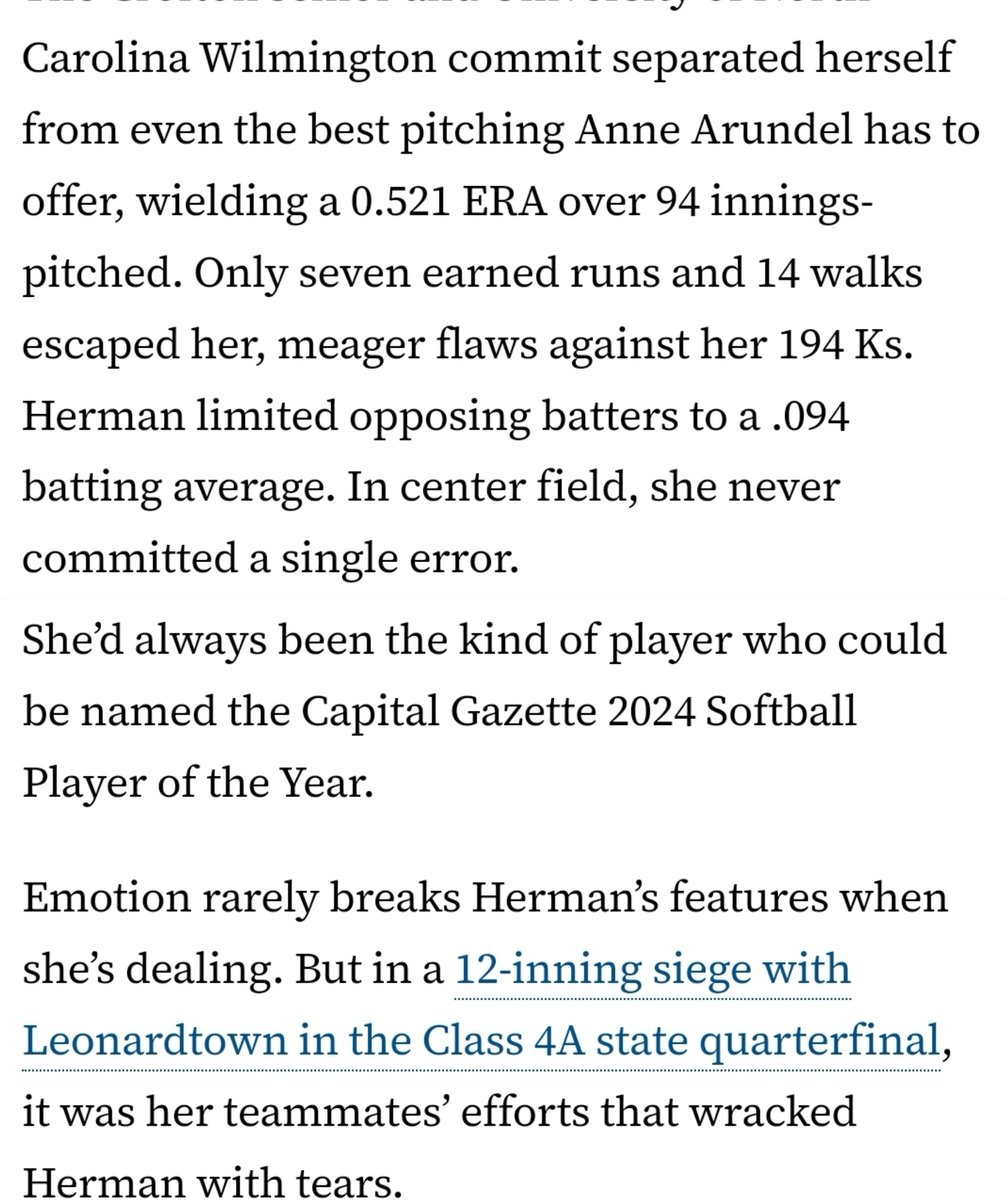 Proud and not entirely surprised to see our girl, <a href="/Lynsie2024/">Lynsie Herman</a> as the Capital Gazette Player of the Year. We'll deserved. She put up incredible numbers on both sides of the ball her entire career. Very Proud of you! ❤️❤️❤️
Read Full Article Here:
capitalgazette.com/2024/06/16/sof…
