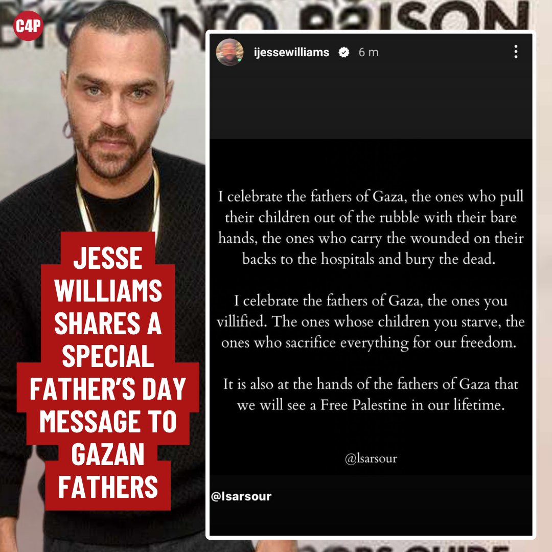 Celeb4Palestine's tweet photo. Jesse Williams shares a special Father’s Day message to Gazan fathers
#jessewillams #fathersday https://t.co/LpV2dwk5da