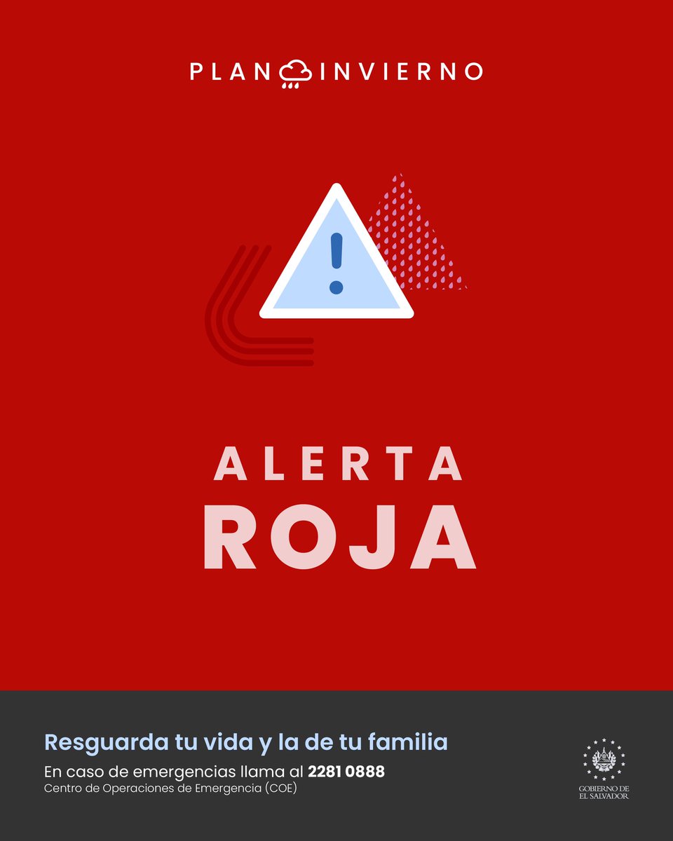 MedioAmbienteSV's tweet image. 🔴 La Dirección General de @PROCIVILSV emitió 🔴Alerta Roja para todo el país debido a las lluvias de temporal para los próximos días, con lluvias muy fuertes y variando entre persistentes e intermitentes. 

Ante estas condiciones, se prevén mayores acumulados de lluvias y se…