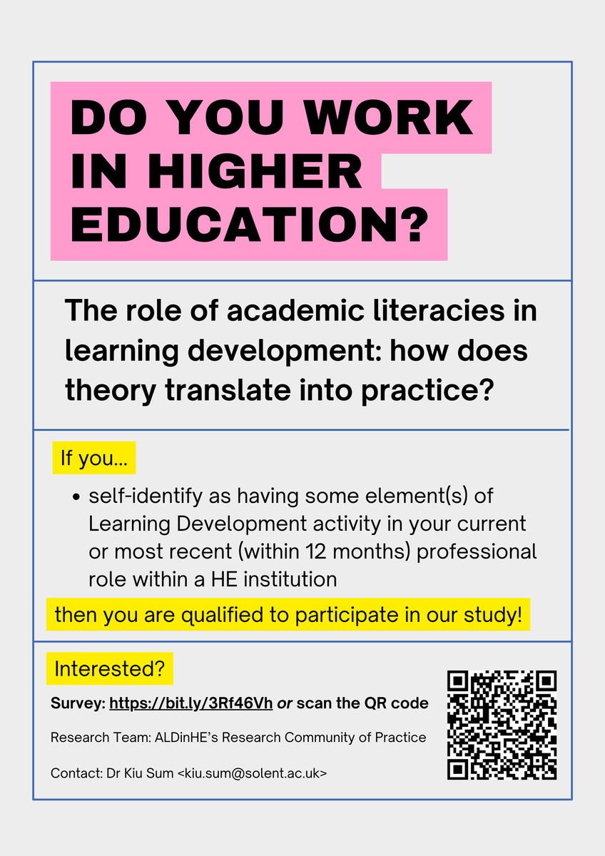 **Participants Wanted**

The role of academic literacies in learning development: how does theory translate into practice?

👉🏻Survey: app.onlinesurveys.jisc.ac.uk/s/solent/aldin…

Pls help share &amp; repost to your network

<a href="/aldinhe_LH/">ALDinHE and LearnHigher</a> #LoveLD #research #lthechat