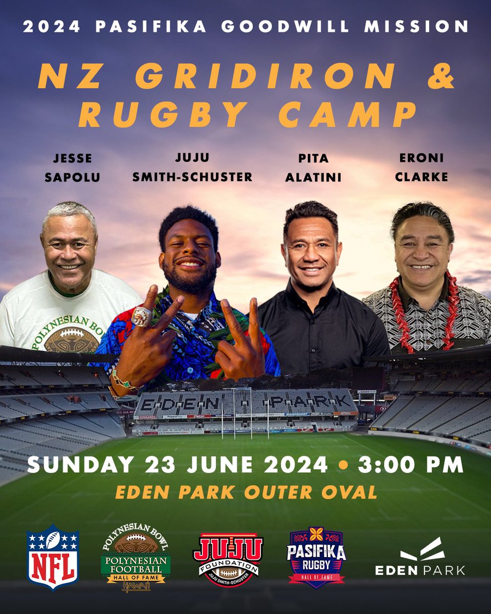 The Pasifika Goodwill Mission is coming back to <a href="/edenparknz/">Eden Park, Auckland</a> and will be hosting a FREE American NZ Gridiron and Rugby Camp on 23 June! 

This camp is FREE to all college-aged athletes! Free T-Shirts, drinks, and water will be provided to all those who attend. 

Register at
