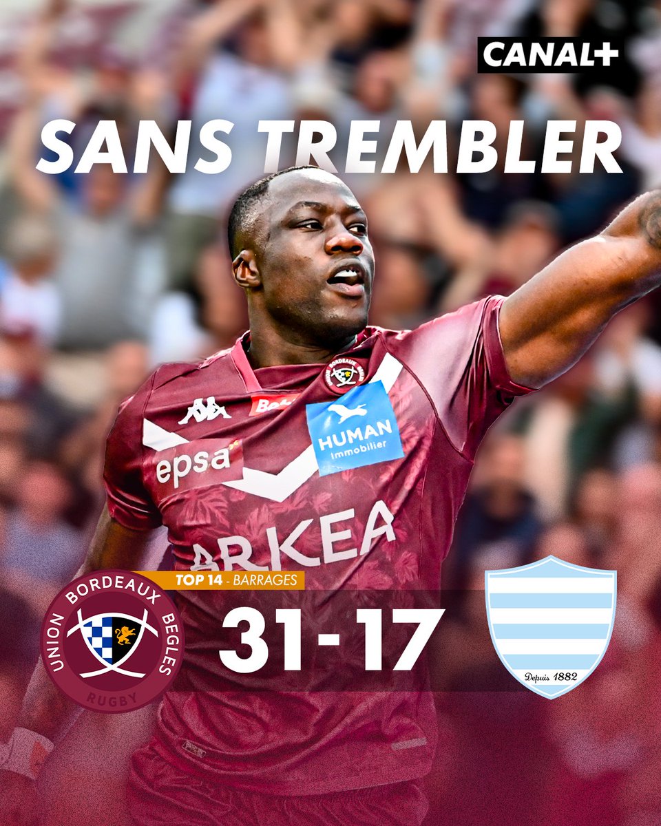 BORDEAUX EST EN DEMI-FINALES 🍇

Les Girondins ont assuré à domicile en s’imposant 31 à 17 face au Racing et rejoignent Paris en demi-finales💥

Un mot pour décrire la performance de l’<a href="/UBBrugby/">Union Bordeaux Bègles</a> ce soir ❓

Paris / Bordeaux-Bègles c’est samedi à 21h sur CANAL + 📺