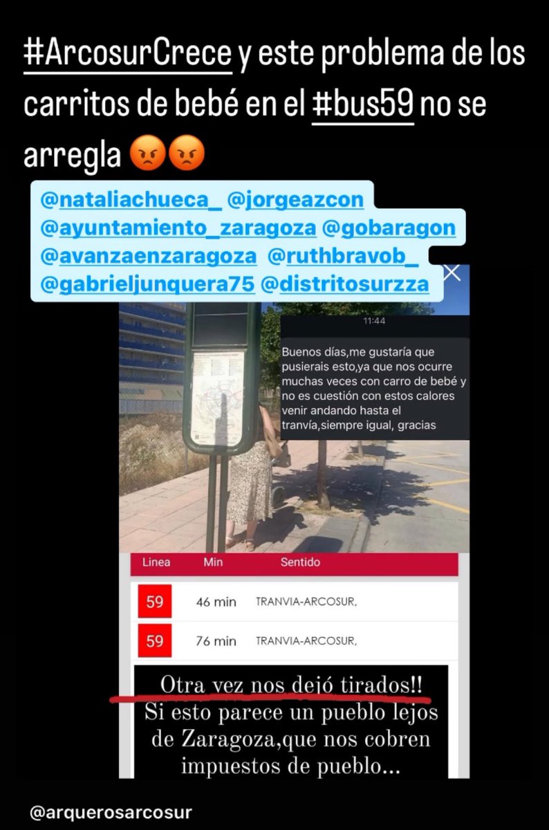 arquerosarcosur's tweet photo. Domingo,#bus59 cada 30min y si ya hay carro de bebé dentro del bus,se queda el otro carrito en tierra, esperando otros 30 min. #Arcosur @zaragoza_es @GobAragon @avanzaenAragon @buszaragoza @Tatianagaudes @distritosurzza @nataliachueca_ @jorgeazcon @ampanavales @ampatirachinas https://t.co/4tsASddJxT
