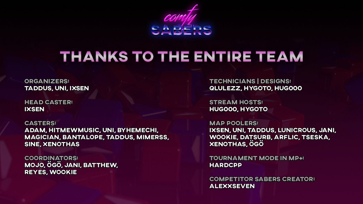 After an absolutely insane BRACKET RESET finale, this concludes Season 3 of Comfy Sabers! I probably sound like a broken record by now, but it is always mind-blowing to see how much hype and excitement this little passion project brings to so many people. Thank you! - Taddus