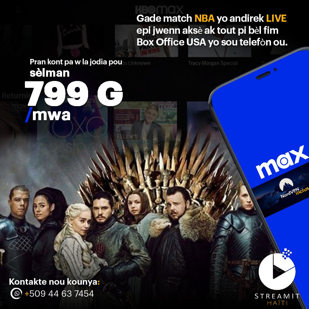 streamithaiti's tweet photo. Gade NBA Finals yo dirèkteman sou telefòn ou epi jwenn aksè ak plis pase 10 000 fim ak seri US.🏀💫🍿 W ap tou gen yon kont NordVPN gratis 💲

Pou sèlman 799 G pa mwa 💵

Streamit Haïti 🍿 https://t.co/Nqx9vZXd9D