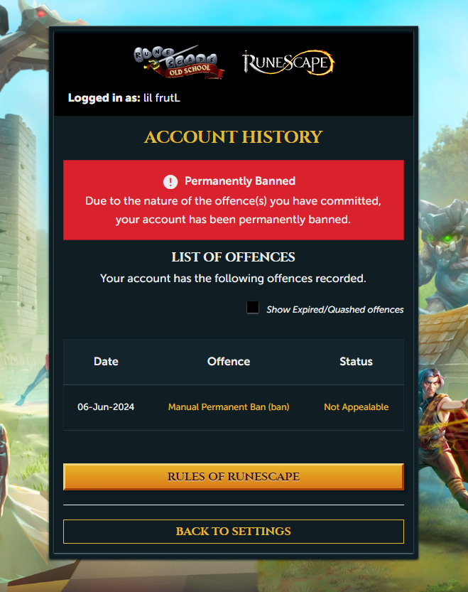 lilfrutL's tweet photo. @JagexSupport What is this about? Manual Permanent Ban on an account I have logged into once in the past year? Could someone please advise? #OSRS https://t.co/VdrrFjHsjY