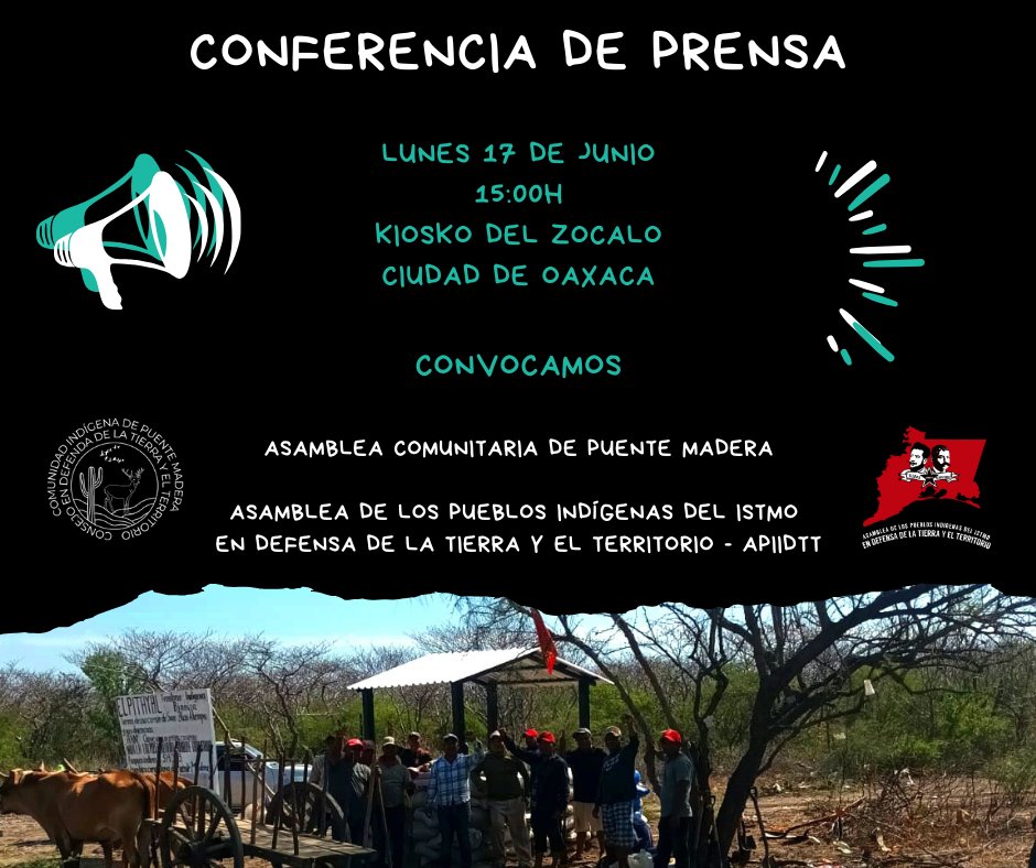 CONFERENCIA DE PRENSA

Lunes 17 de Junio / 15:00h
Kiosko del Zócalo, Ciudad de Oaxaca 

Facebook:
facebook.com/share/p/RKy166…

Instagram:
instagram.com/p/C8Sq3UpO5Nu/…