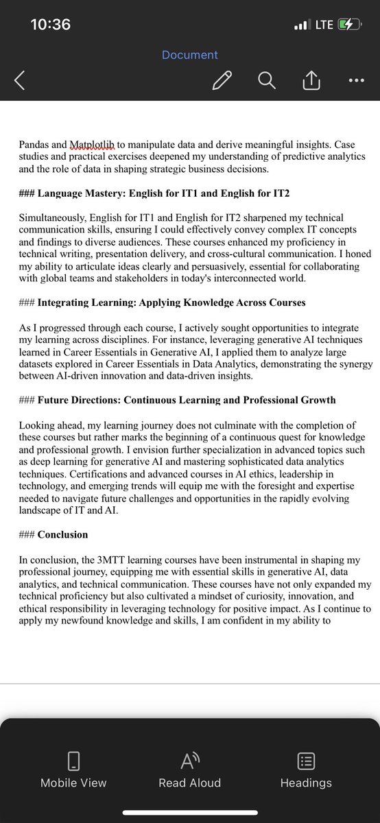 3MTT learning journey; In conclusion, the 3MTT learning courses have been instrumental in shaping my professional journey, equipping me with essential skills in generative AI, data analytics, and technical communication. #3MTTLearningJournal #My3MTT <a href="/3MTTNigeria/">3MTT Nigeria</a>