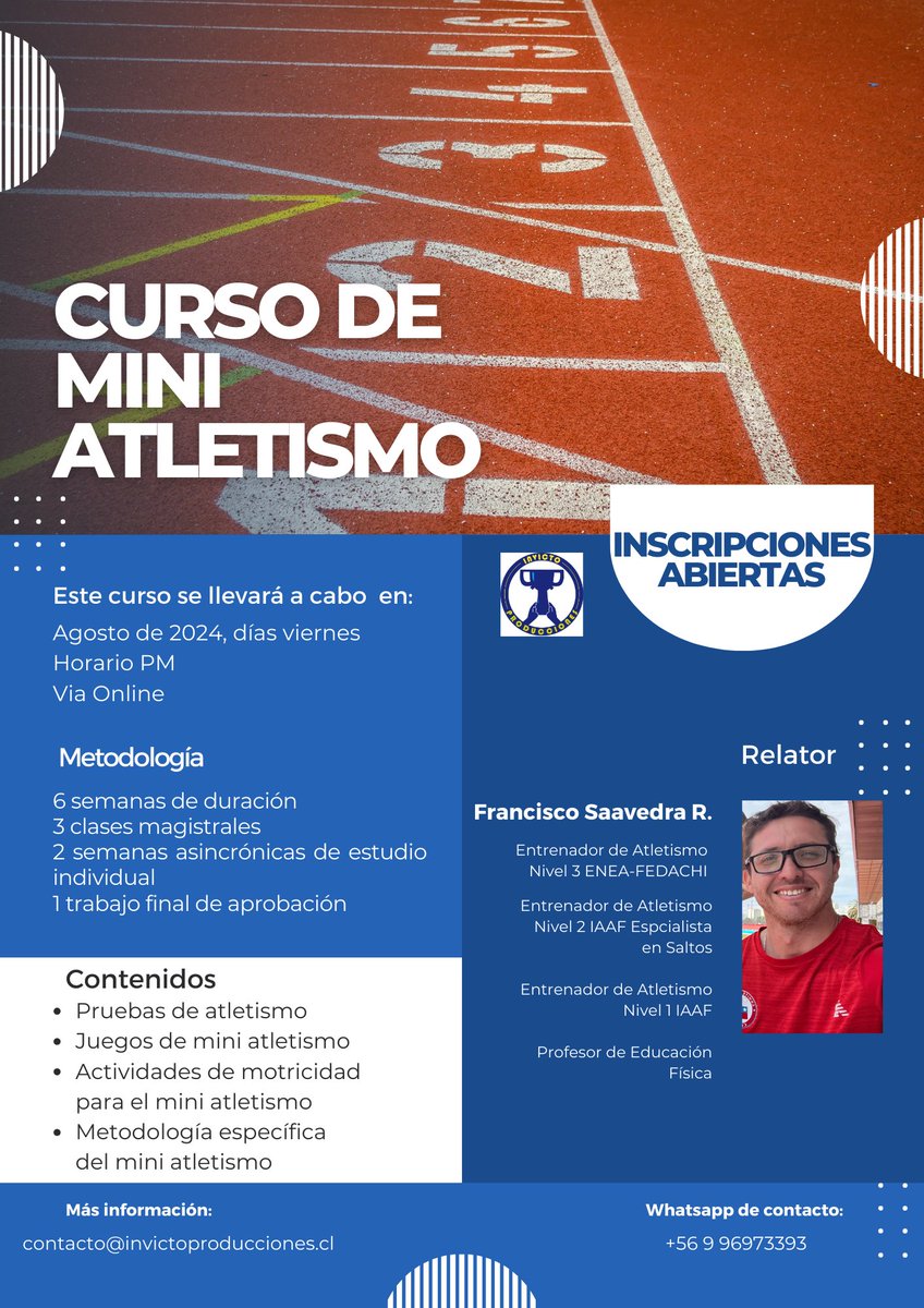 CURSO DE MINI ATLETISMO, AGOSTO DE 2024

Dirigido a Profesores de Educación Física, Licenciados en Actividad Física, Entrenadores Deportivos, Técnicos Deportivos, Preparadores Fisicos y estudiantes d carreras afines

En el mes d Agosto d 2024 se inicia esta capacitacion virtual