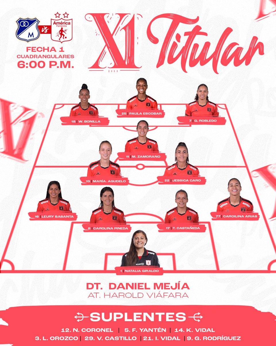 📋⚽️ Este es nuestro once titular para enfrentar a Millonarios en la fecha 1 de los cuadrangulares de la Liga Femenina Betplay 2024 👹