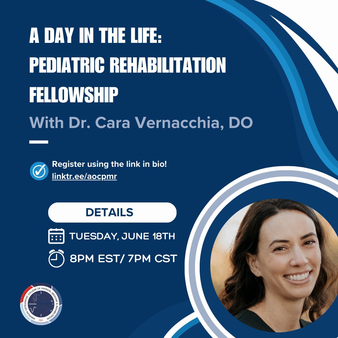 aocpmr's tweet photo. Join us for the first event in our Neurorehab/Medically Complex Fellowship series on Tuesday, June 18th 2024 with Dr. Cara Vernacchia, DO from the University of Colorado (CU)! She will share insights from her pediatric fellowship. 

Sign up link: https://t.co/sLGFJo8AGO https://t.co/DaZHam4zrv