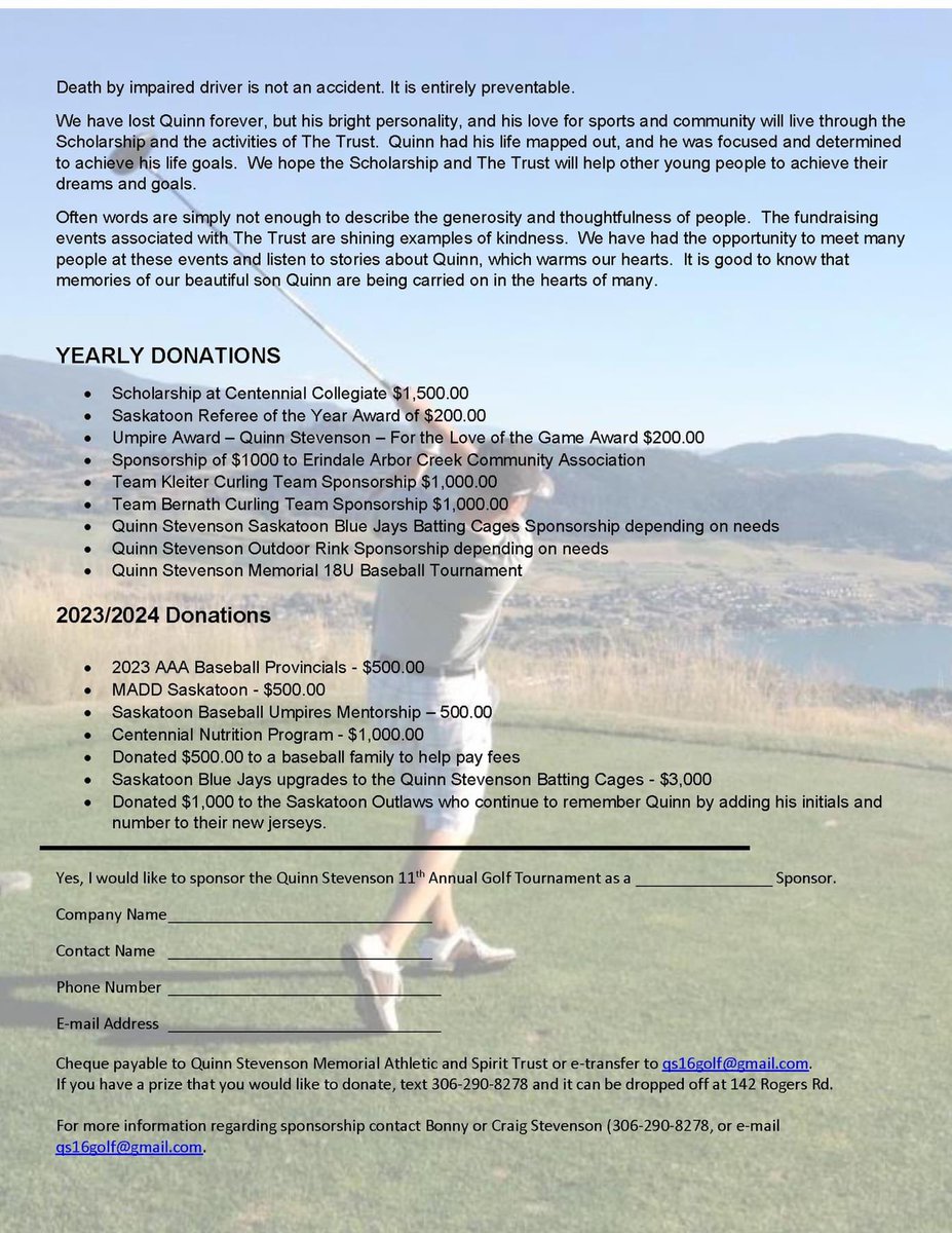 Stevb2's tweet photo. Very Exciting News The Quinn Stevenson 11th Annual Golf Tournament presented by @SGItweets Friday, August 16th @ Moon Lake is sold out. 

We are still accepting sponsorships and prize donations.  We are always on the lookout for unique items to go into all of our golfer bags. https://t.co/8WsyJPnqvW
