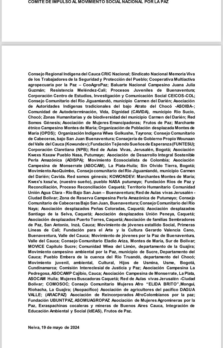 Paz Con Toda es la convergencia de comunidades de base que vivimos en zonas de diversas violencias armadas, afirmando el derecho a la paz con justicia social. Nuestras acciones de paz se desarrollan con base en el artículo 22 de la CN, sin interlocutar directamente con armados
