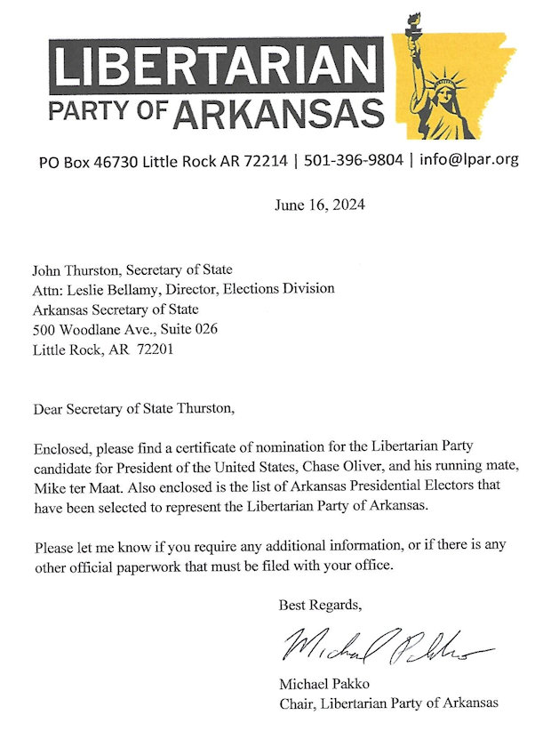 Submitting the names of our candidates, <a href="/ChaseForLiberty/">Chase Oliver</a> and <a href="/terMaatMike/">Mike ter Maat</a>, to the Arkansas Secretary of State.
