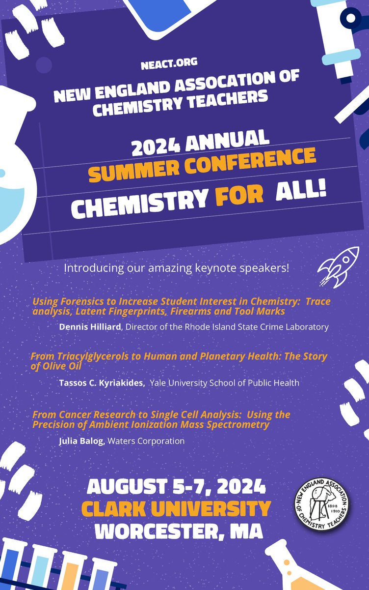 NEChemTeachers's tweet photo. The 2024 NEACT Summer Conference at @ClarkUniversity August 5-7 is going to be amazing. Check out our keynote speakers!
Will you be attending? Members can register for the in-person conference online at https://t.co/pFVRw3qC0y
#iteachchem #neact https://t.co/ML2O3AUIor