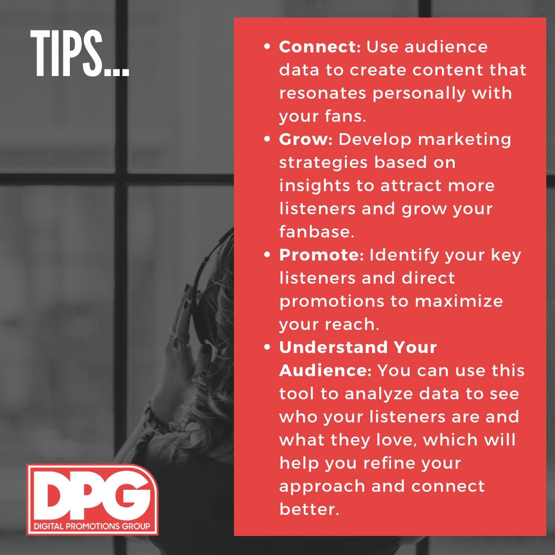 🌟 Did You Know? 🌟 Spotify for Artists has launched a powerful new feature called ‘New Audience Segmentation’! 🎶 Check out our tips to leverage this tool and elevate your music marketing game! 

#Music #DPGWorldwide #GetYourMusicHeard #nowplaying #playlisting #buildyourbrand