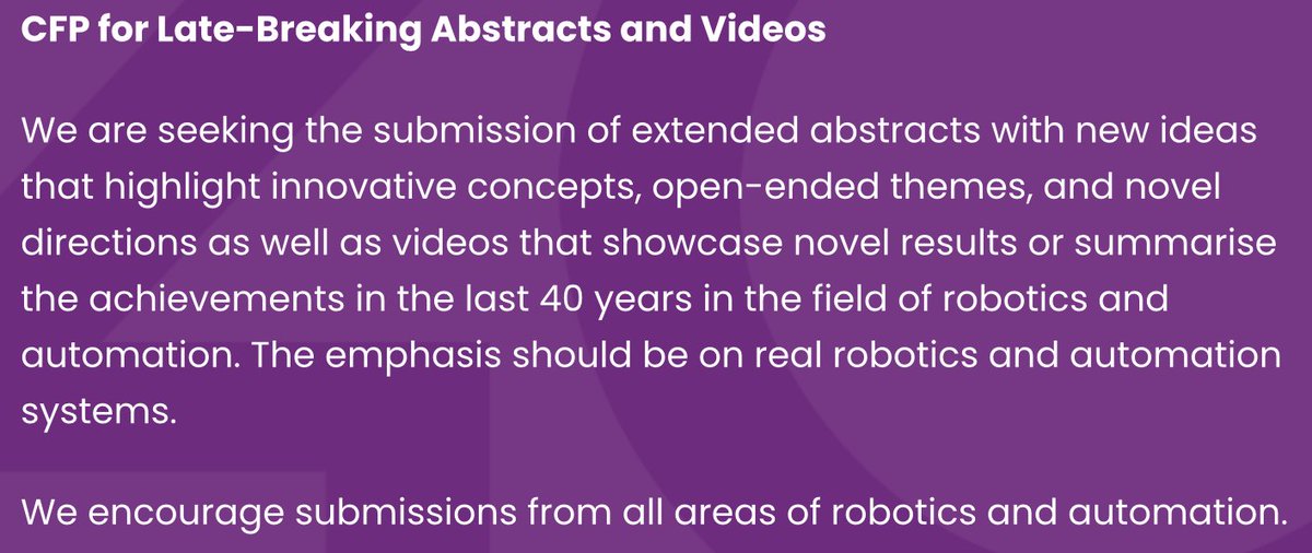 IEEE ICRA (@ieee_ras_icra) on Twitter photo Lots of deadlines coming up on 30 June for #ICRA40. 
Don't miss the call for extended abstracts and stand-alone videos:
icra40.ieee.org/icra-2024/call… Lots of deadlines coming up on 30 June for #ICRA40. 
Don't miss the call for extended abstracts and stand-alone videos:
icra40.ieee.org/icra-2024/call…