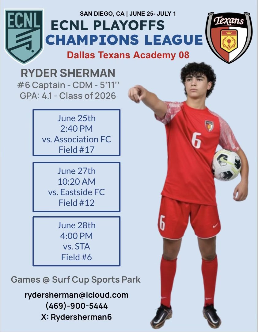 rydersherman6's tweet photo. Less than a week until ECNL Playoffs! Ready to compete with my team in San Diego. Coaches I hope to see you there. @ECNLboys  @TheDallasTexans @PrepSoccer @TheSoccerWire @TopDrawerSoccer @ImCollegeSoccer @ImYouthSoccer @BrownU_MSoccer @PennMSoccer @harvardmsoccer @GUHoyasMSoccer https://t.co/nZ7Hyc1oxd