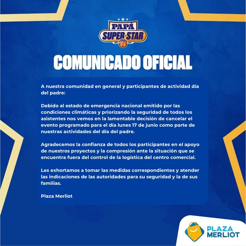 🚨INFORMACIÓN IMPORTANTE 🚨

Debido al recién estado de emergencia nacional emitido por las autoridades y priorizando a nuestros clientes, se CANCELA el evento Papá Super Star organizado para el día de mañana, 17 de junio.

¡Agradecemos la comprensión!

Tendremos más fechas para