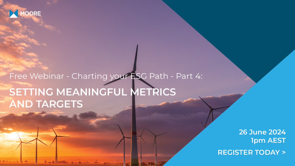 Start Charting Your ESG Path with our FREE webinar.

Date: 26 June 2024
Time: 1.00pm - 2.00pm (AEST)
Location: Online Webinar

Your journey towards ESG excellence continues with Moore Australia.

ow.ly/HnN850SjHYU