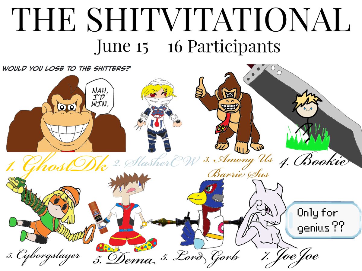 Huge Congratulations to the Top 8 of The Shitvitational!!!!!!! (Barrie Arcadian)
Graphic by <a href="/Titanium_57/">Titanium</a> 
1. <a href="/GhostDK785/">OTC | Ghost</a> 
2. @SlasherCW 
3. Among Us Barrie Sus
4. <a href="/bookie_ssbu/">bookie</a> 
5. <a href="/misterwofels/">Cyborgslayer 🔜 Ontario PR</a> 
5. Dema
7. <a href="/itsgorbo/">gorb</a> 
7. JoeJoe