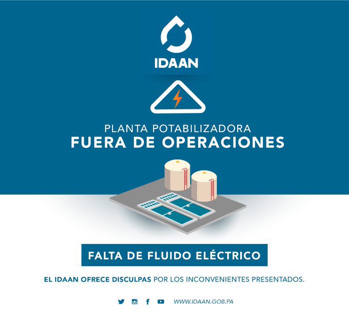 IDAANinforma's tweet image. #Arraiján: Planta potabilizadora de Laguna Alta suspende operaciones por falla eléctrica. 
Suministro irregular en: Nuevo Emperador, Santa Clara, Chapala, Nuevo Chorrillo, Lluvia de Oro, Princesa Mía, Burunga, Cerro Silvestre, Cáceres, La Alameda y El Clavel.
@311Panama