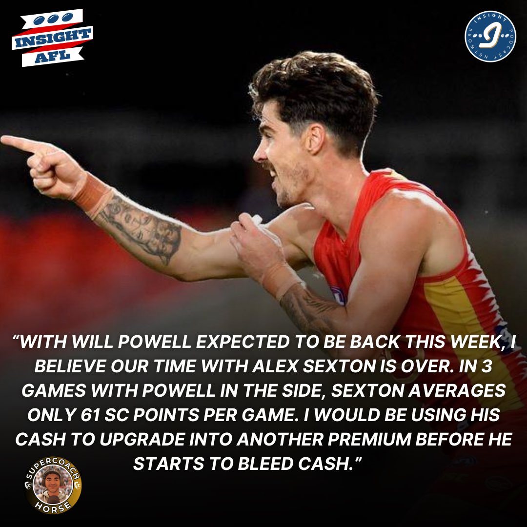 SCHorse_'s tweet photo. If, as expected, Will Powell makes his way back into the side this week, then it might be time to wave goodbye to our man who has made us over $260k so far this season.
#aflsupercoach #supercoachfwd #alexsexton https://t.co/H1ZMqrQMpP