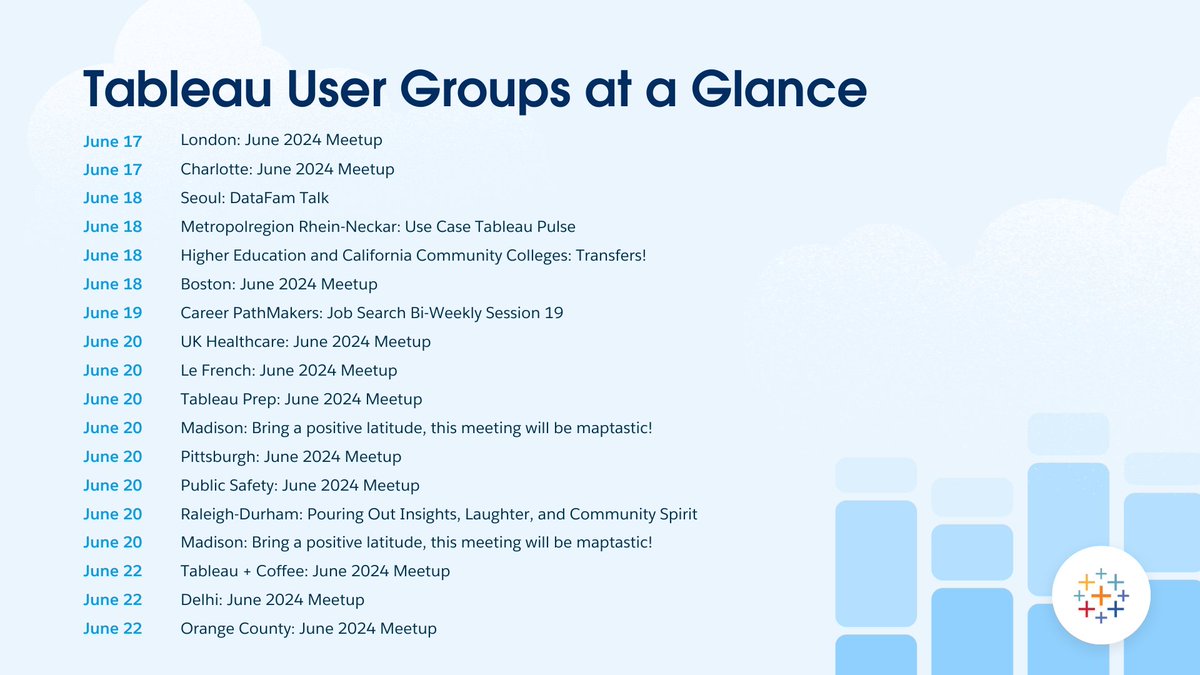 Tableau User Groups allow you to connect with other data people in-person or virtually. 

Find an upcoming #TableauUserGroup meetup: tabsoft.co/44Oeasz