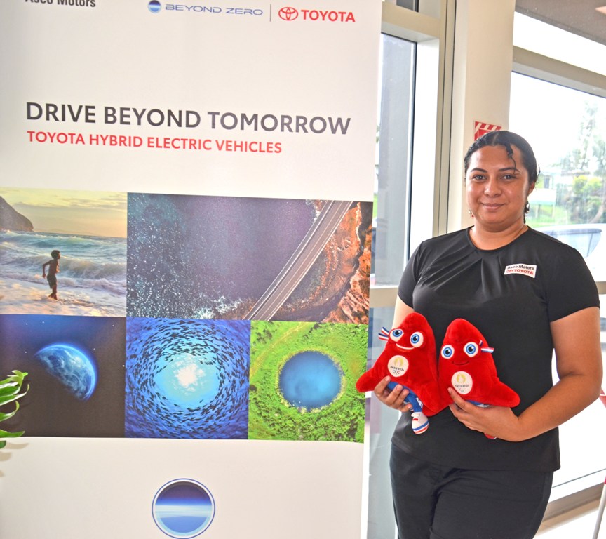 The Olympic mascot, The Phryges with staff of Asco Motors Fiji showing their support for Team Fiji preparing for Paris2024. #thephryges #TeamFiji #InspireFiji #Paris2024