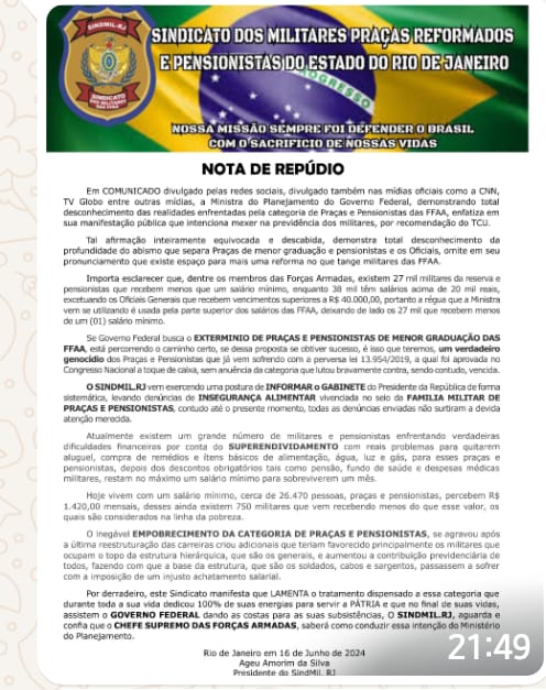 NOTA DE REPÚDIO ante a manifestação da Ministra do Planejamento, ao afirmar que vai mexer na Previdência dos Militares das FFAA.