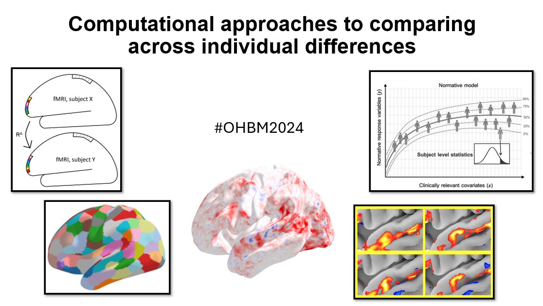 Start your #OHBM2024 Monday with our symposium! Computational approaches to individual differences. Learn about individualized parcellations, functional alignment, &amp; normative  modelling for clinical populations with the stellar <a href="/rubykong92/">Ruby Kong</a>,  <a href="/emdupre_/">Elizabeth DuPre</a>  @amarquand