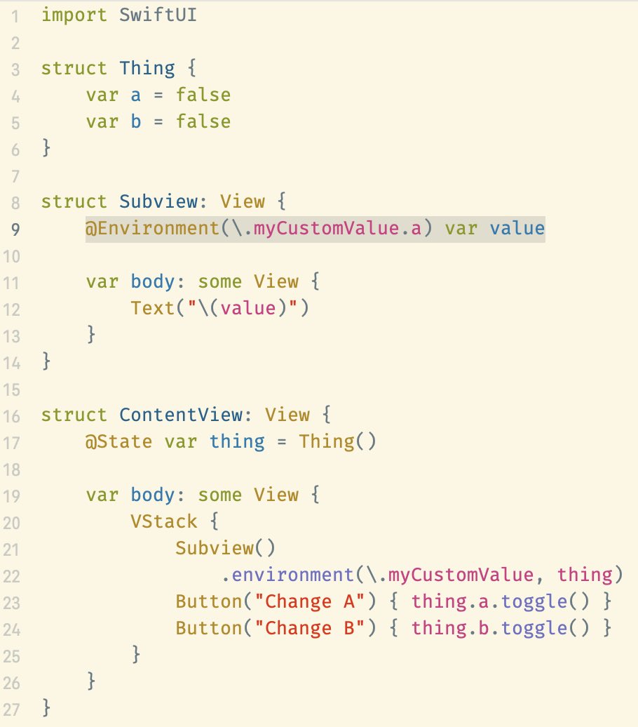 avielgr's tweet photo. ⚠️ 🏃 SwiftUI Perf tip of the day:
Pass a keypath from environment value and your view will only refresh if that property changed, but not when other properties in the struct change!

Also works with built in values:
@Environment(\.dynamicTypeSize.isAccessibilitySize) var value https://t.co/MZC0pEUpLw