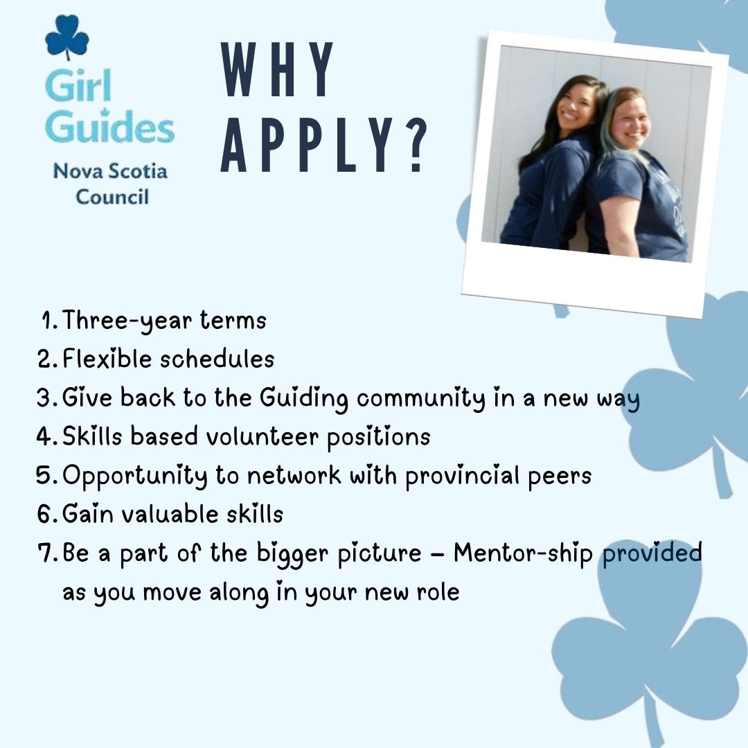 Girl Guides of Canada Nova Scotia is calling volunteers! 📣 ✨

For details on available positions and how to apply, check out our website at Girl Guides of Canada Nova Scotia > Volunteer Oppertunities. Or you can also visit: bit.ly/4bV3lcj .