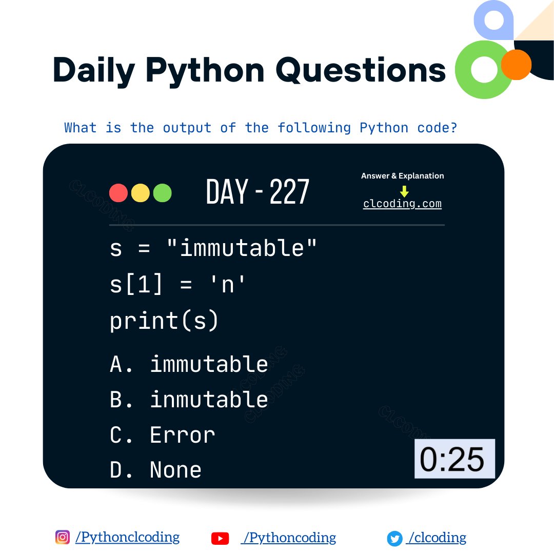 Python Coding challenge - Day 227 | What is the output of the following Python Code?

Solution and Explanation: clcoding.com/2024/06/python…