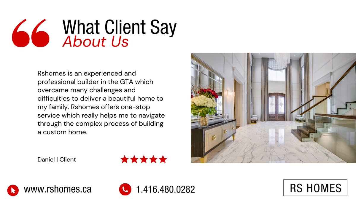 We’re incredibly grateful for the kind words from our clients! Hearing about their positive experiences and beautiful homes makes all our hard work worthwhile. Thank you for trusting RS Homes to bring your vision to life.  
Contact RS Homes at 416-480-0282