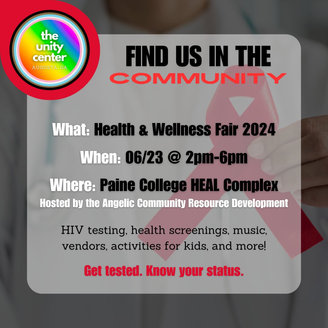 UnityCenterAug's tweet photo. #KnowYourStatus #GetTested #HIVAwareness #UEqualsU #PreP #HealthAndWellness #Pride #Community #PaineCollege https://t.co/Jkvk8u481G