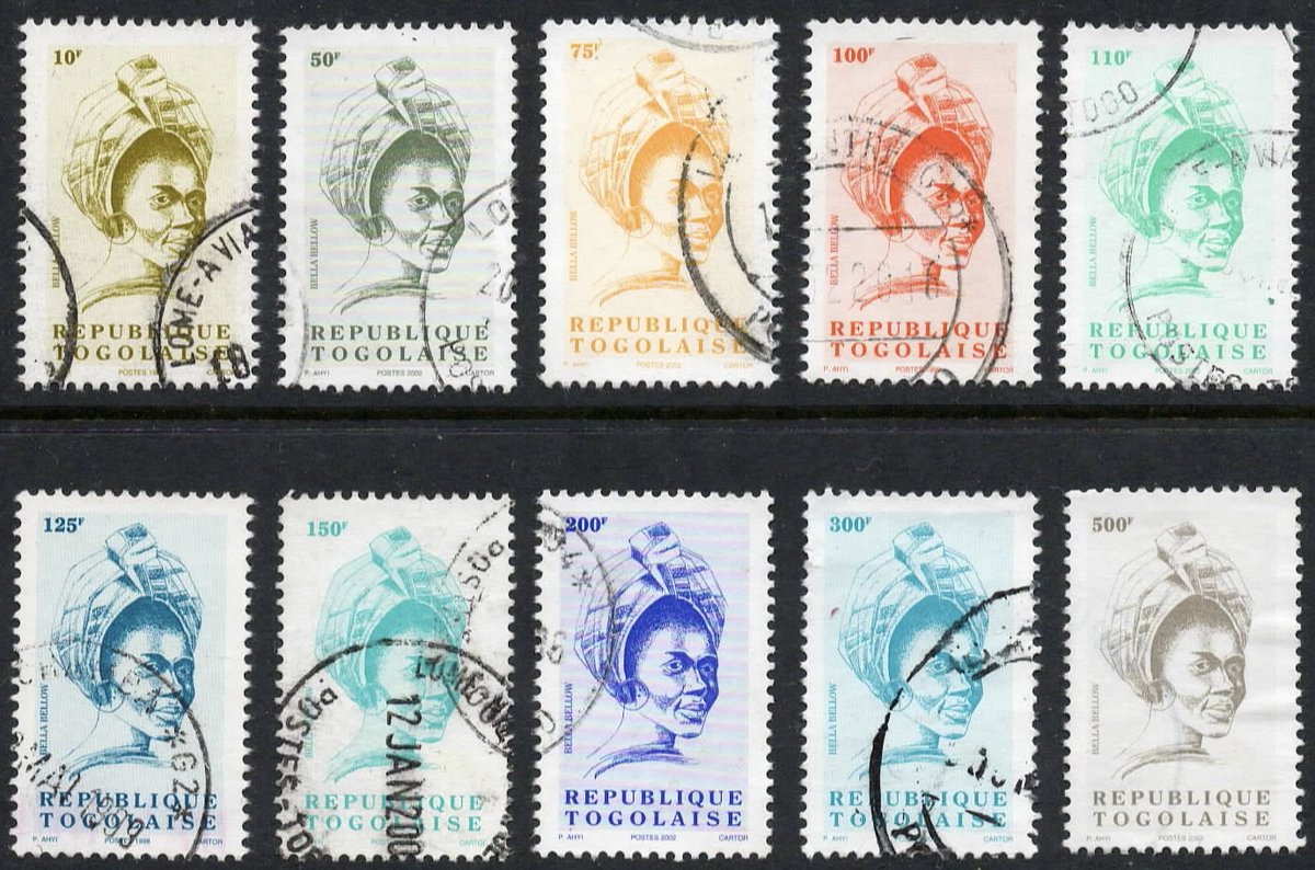 philatelyreview's tweet photo. #Philately doesn't have to be about old stamps. Here are some of the striking and interesting 1998-2004 definitive stamps from #Togo featuring the great local singer, Bella Bellow (1945-73). See the good article on this series by Nicholas Pertwee in @GSM_Magazine, December 2019. https://t.co/dVEY67bV0J