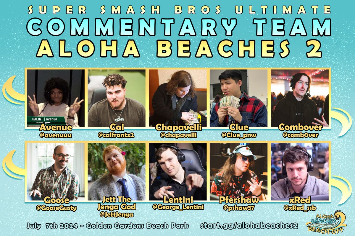 GooseGusty's tweet photo. Very excited to announce your featured casters for Aloha Beaches 2! See everyone 3 weeks from today! 

@avenuuu @CalFrantz2 @Chapavelli @Clue_pnw @comb0ver @JettJenga @George_Lentini @Pshaw37 @xRed_ssb https://t.co/uieklAacqZ