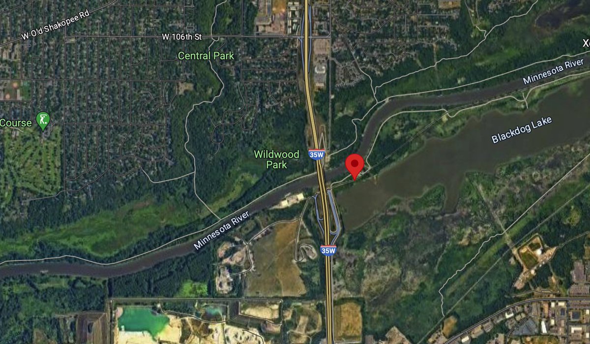 MN_CRIME's tweet photo. BLOOMINGTON/BURNSVILLE: Crews are searching a stretch of the Minnesota River just east of the I-35W bridge after a report of a black sedan that was seen sinking into the river, possibly occupied by an elderly female. Authorities are using a boat, divers and a drone to search the area for the vehicle.