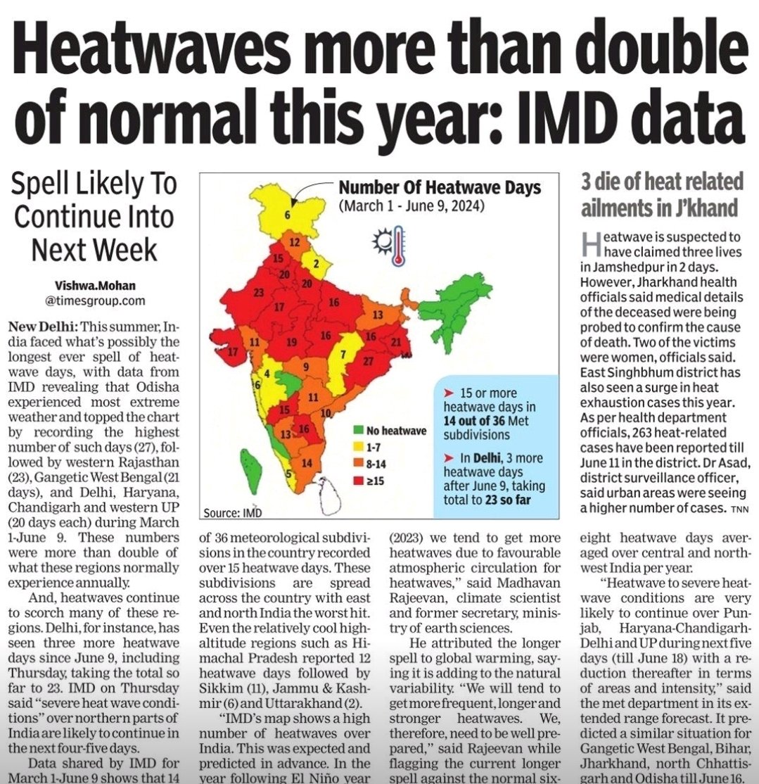 Harjeet Singh (@harjeet11) on Twitter photo #Heatwave days in India have more than doubled this year, marking the longest spell on record.
#GlobalWarming exacerbates natural variability, with devastating consequences.
Story by <a href="/vishwamTOI/">Vishwa Mohan</a>
#Heatwaves #ClimateCrisis #ClimateEmergency #LossAndDamage #Adaptation #Heatwave days in India have more than doubled this year, marking the longest spell on record.
#GlobalWarming exacerbates natural variability, with devastating consequences.
Story by <a href="/vishwamTOI/">Vishwa Mohan</a>
#Heatwaves #ClimateCrisis #ClimateEmergency #LossAndDamage #Adaptation