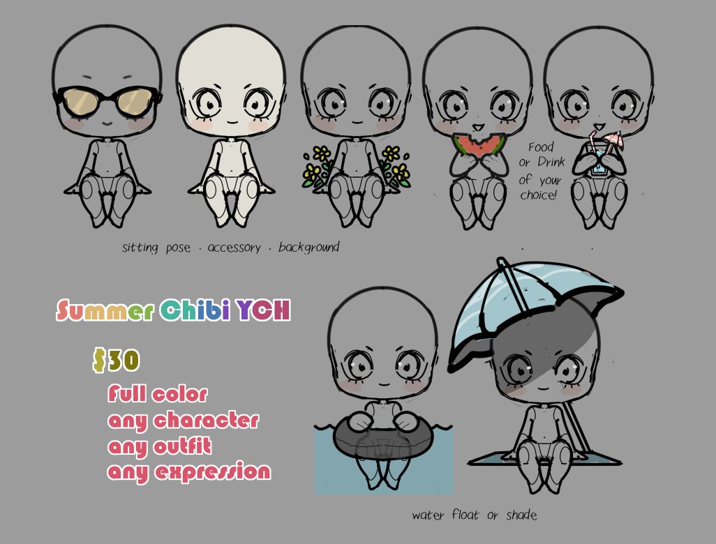 bascheng's tweet image. Summer fun chibi YCH! ☀️⛱️
$30 usd - Order information in the thread -&amp;gt;