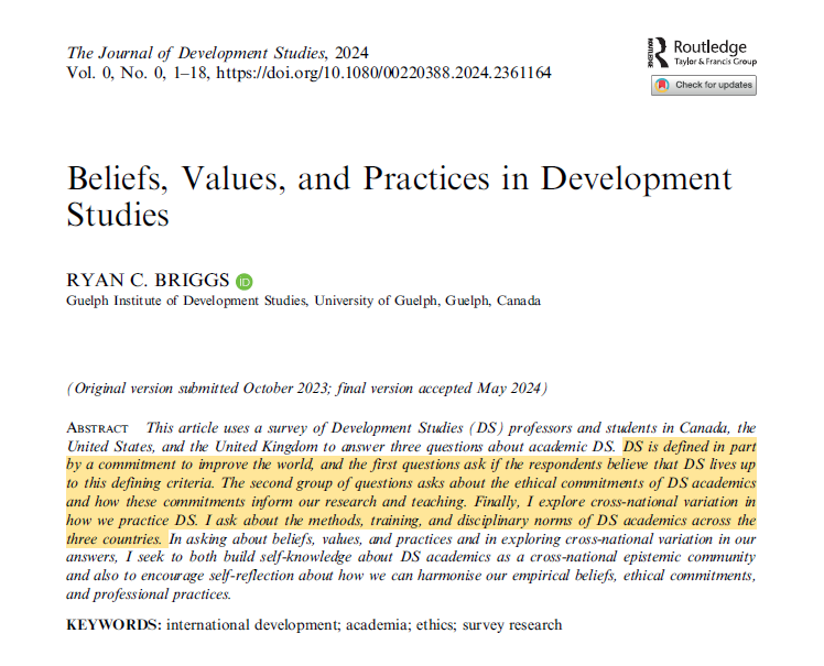 🎓 New article by Ryan C. Briggs [<a href="/ryancbriggs/">Ryan Briggs</a> ] in #JDevStudies! 🌍📚 It explores ethical commitments and beliefs of DS professors and students across Canada, USA, and UK, and their impact on research and teaching. 

👉🏼Read more: doi.org/10.1080/002203…