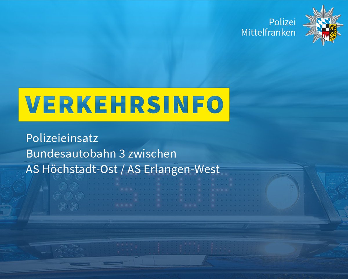 PolizeiMFR's tweet photo. Die Bundesautobahn 3 ist derzeit zwischen der AS Höchstadt-Ost und AS Erlangen-West in beiden Richtungen voll gesperrt. Grund ist ein #Polizeieinsatz wegen einer Person in hilfloser Lage.

Es wird gebeten, den Bereich zu meiden und weiträumig zu umfahren.

#Autobahn #BAB3 #A3 https://t.co/6cOCr8FJxX
