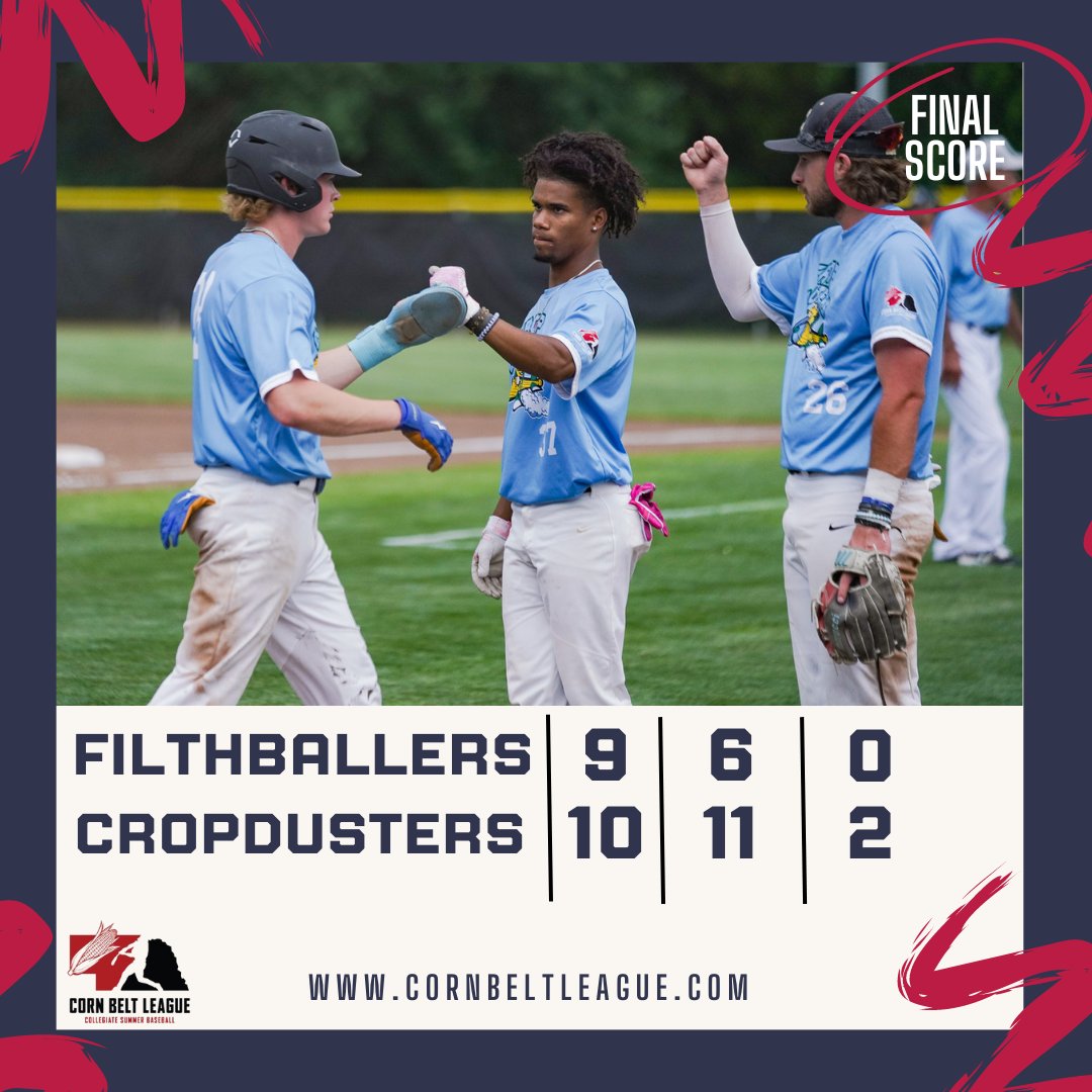 Each player in the Cropdusters lineup collects a hit in their 10-9 walk-off win against the Filthballers

FINAL
Filthballers 9
Cropdusters 10

Top Performers
EJ Arends 2-3 Walk-off single, 3RBI, 2R
Charlie Martin 2-4 2B, 1RBI, 2R
Ballinger &amp; Wells each with 2 RBIs