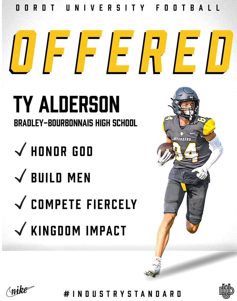 TDAlderson1's tweet photo. Excited to say after an awesome camp and conversation with @LeviJungling05 and @Coach_Roelofs I have received my second offer from @DordtFB! 
@BBCHSFootball @TopPreps @PrepRedzoneIL @Scout_ScottC https://t.co/FCgtkj4yEw