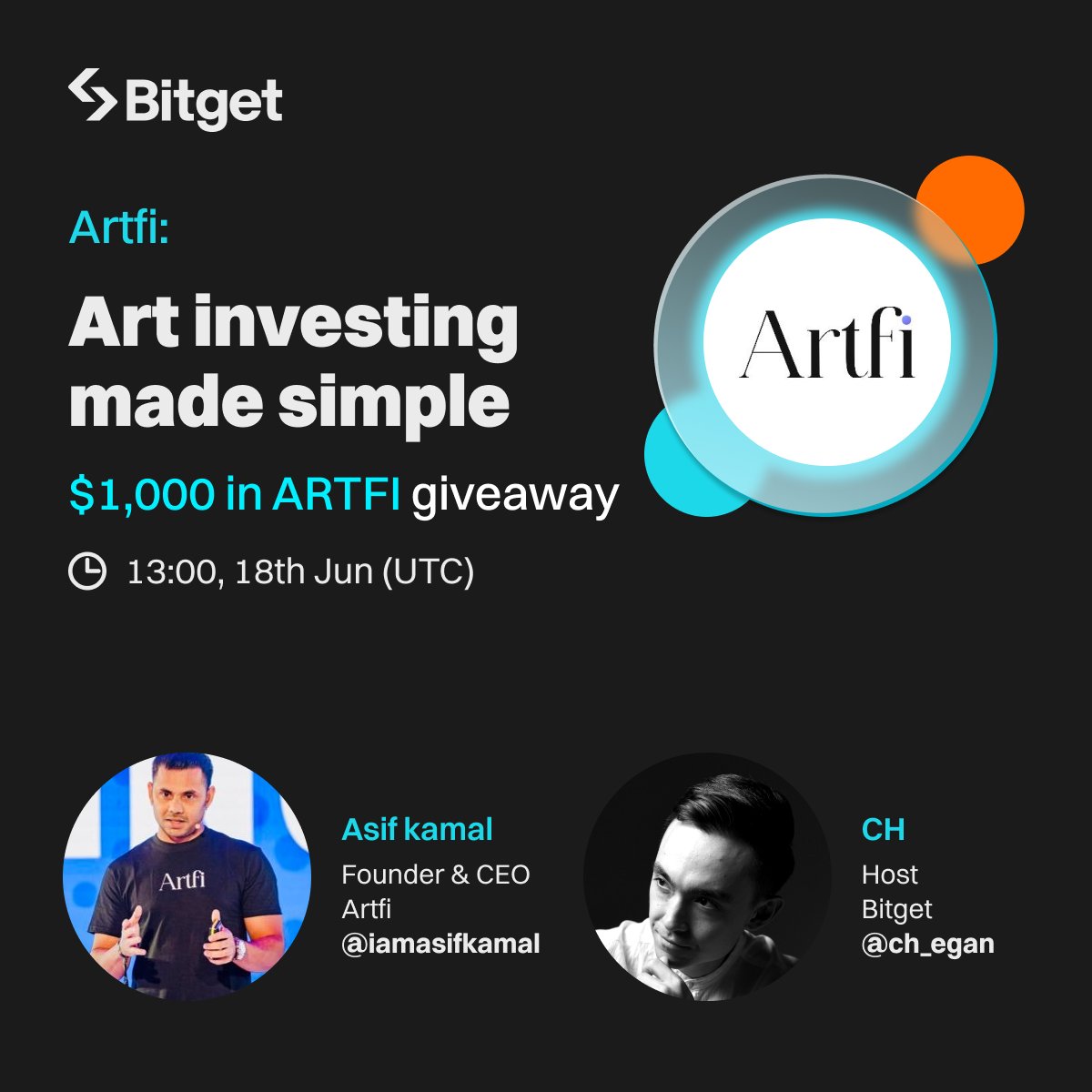 Join our X Space with <a href="/iamasifkamal/">Asif Kamal</a>, founder &amp; CEO of <a href="/artfiglobal/">Artfi</a>! 

🎙️ We'll dive deep into how #Artfi is making art investing simple.

🎁 $1,000 in $ARTFI (20 winners) 
🔹 Follow <a href="/bitgetglobal/">Bitget</a> <a href="/artfiglobal/">Artfi</a>
🔹 RT &amp; tag friends 
🔹 Join the space: x.com/i/spaces/1BRJj…